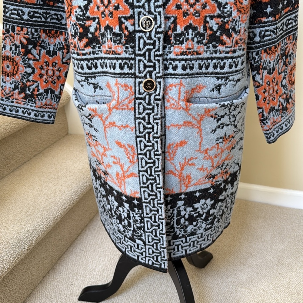 New Badgley Mischka Orange, Black and blue sweater Coat. Size M. - Picture 9 of 16